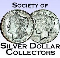 Logo featuring antique silver dollars for a coin collectors society.
