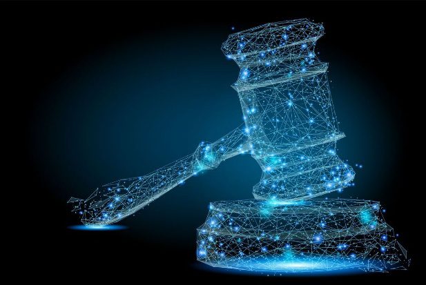 Digital gavel composed of glowing blue lines.
