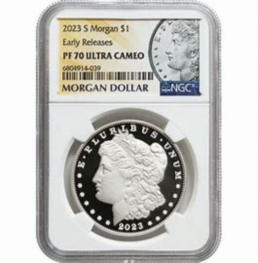 2023 Morgan silver dollar in graded case.