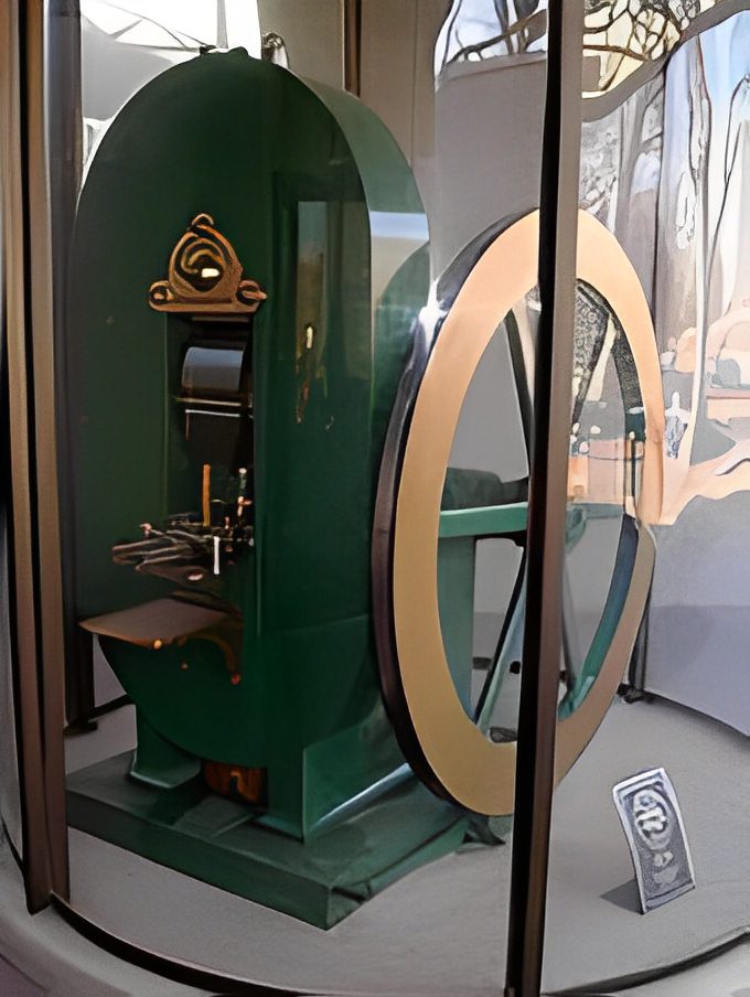 Green vintage machine in glass display case.