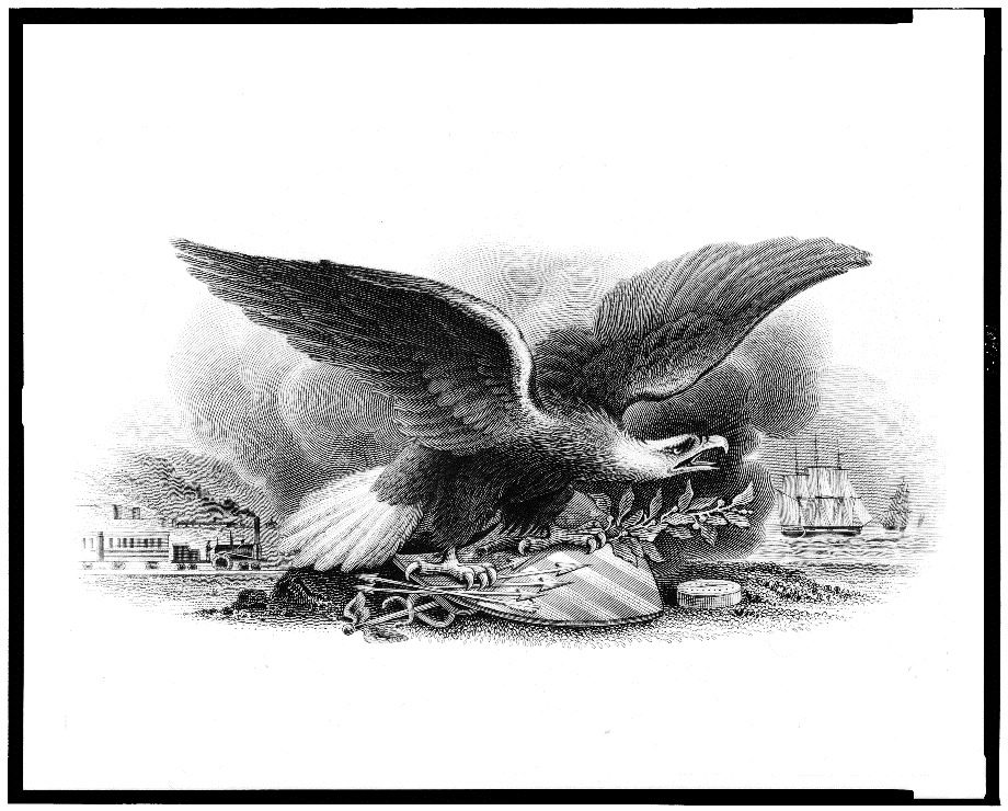 Eagle with wings spread, clutching American symbols.