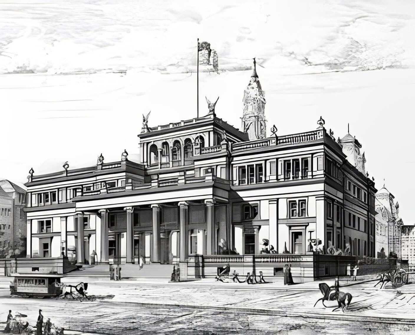 Historic building with horse-drawn carriages illustration.