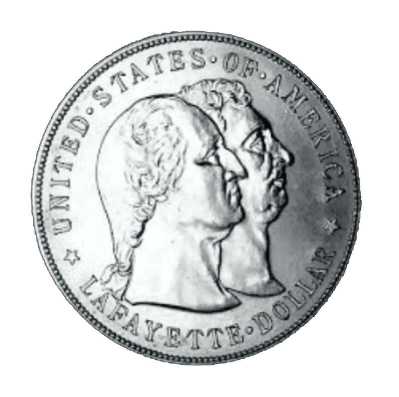 A silver coin featuring dual-profile busts and the inscription 'United States of America'.