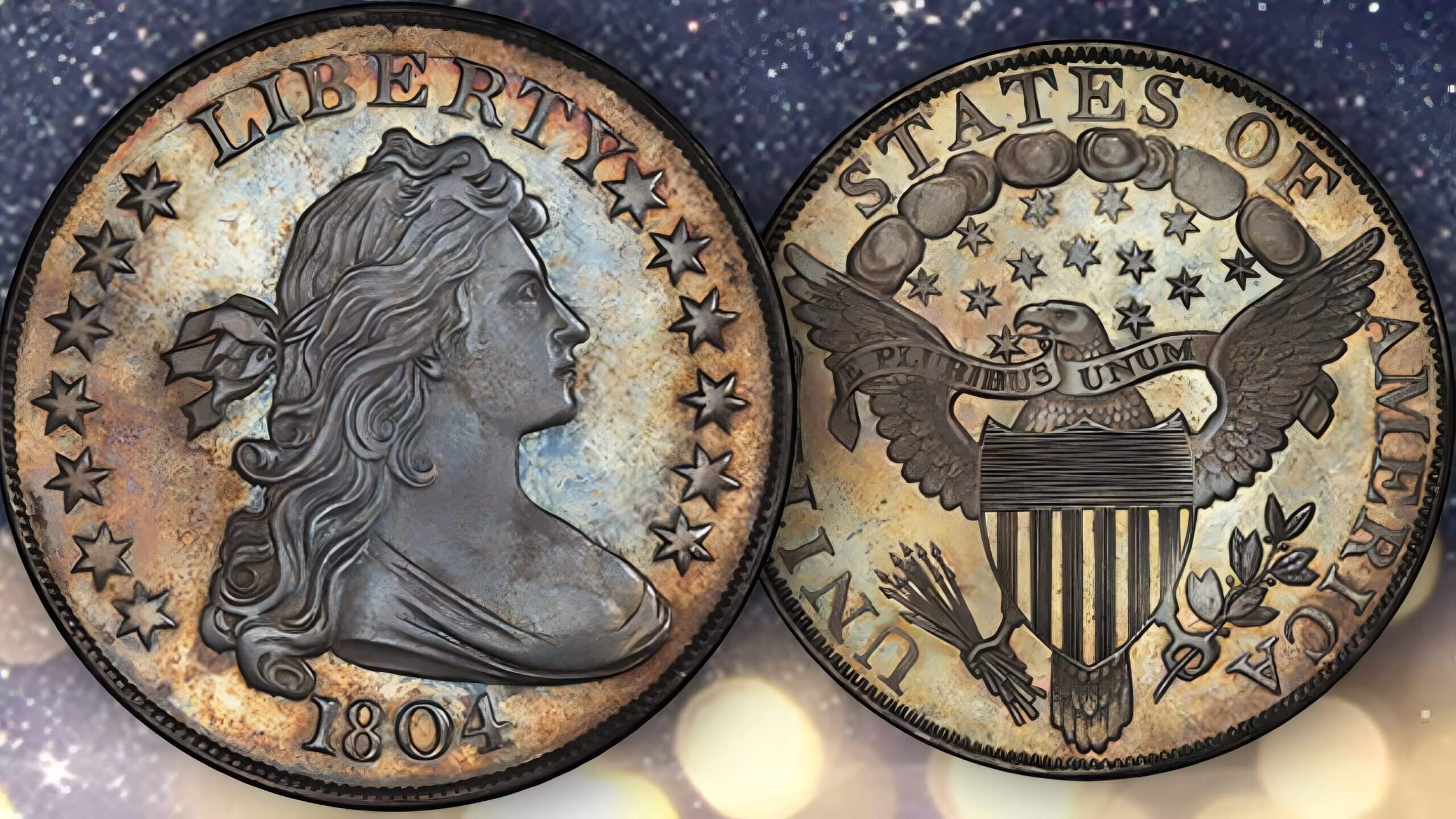 Two sides of a 1804 silver dollar coin, showing Liberty and an eagle.