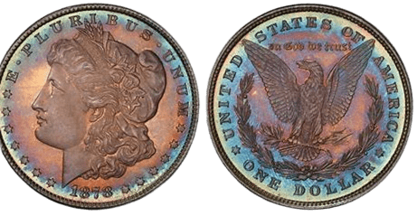 Two old US Morgan silver dollars showing obverse and reverse sides.