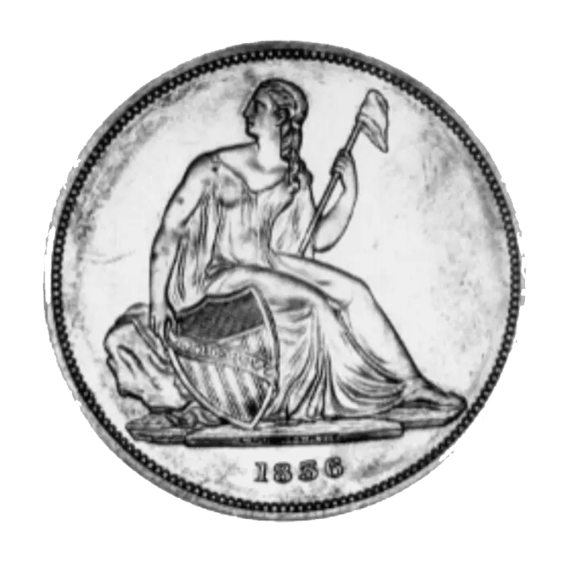 A 2002 quarter coin showing a seated figure.
