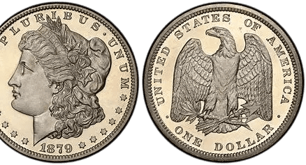 Close-up of an old United States silver dollar coin with detailed eagle and floral designs.
