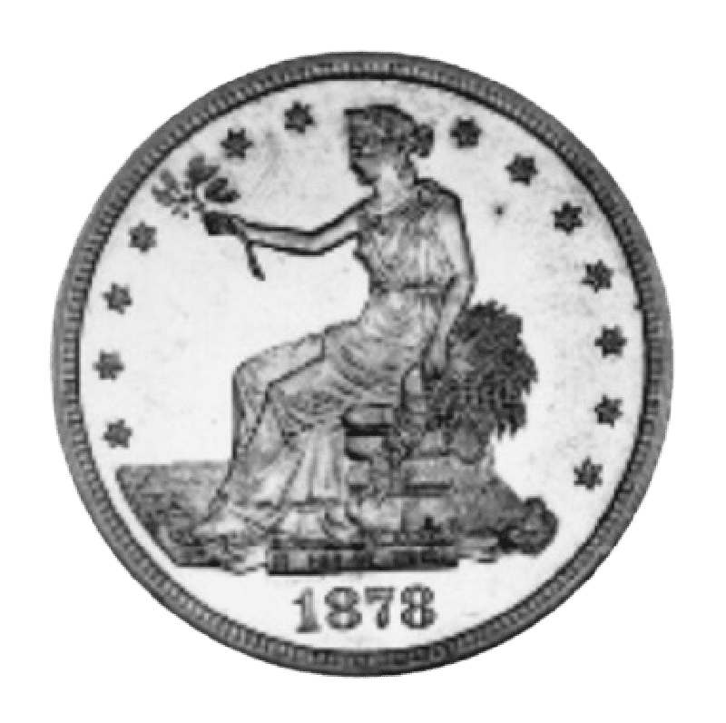 An 1878 coin featuring a seated figure holding a branch.