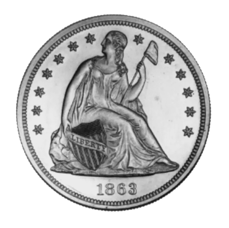 An 1883 seated Liberty silver coin with stars around the edge.