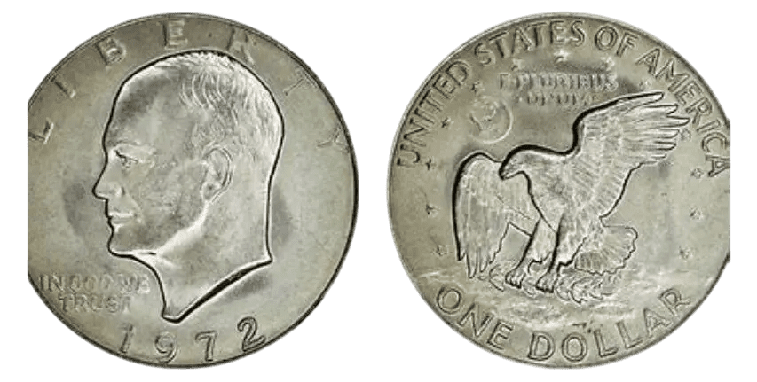 Front and back of a 1972 US Eisenhower dollar coin.