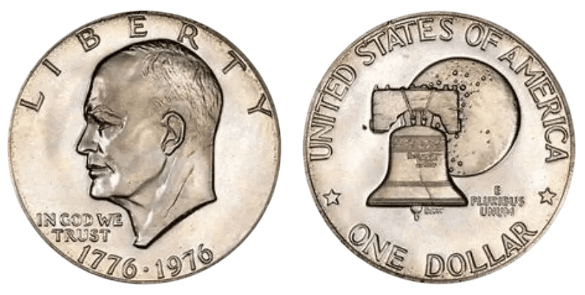 1976 US Bicentennial silver dollar coin with Eisenhower and Liberty Bell.