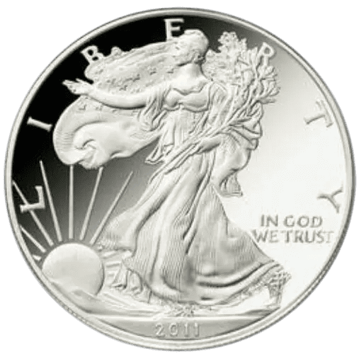 A silver coin featuring Lady Liberty with flowing robes and sun rays.