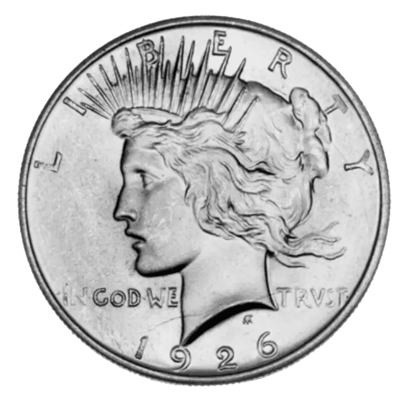 A 1926 Peace silver dollar coin showing Lady Liberty.