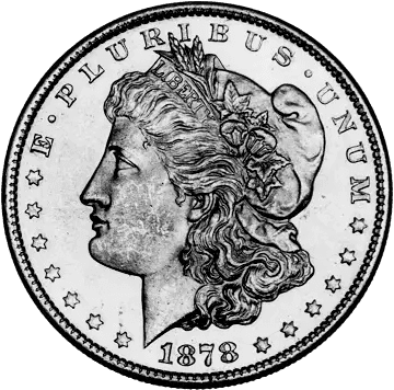 A 1876 Morgan silver dollar coin showing Lady Liberty's profile.