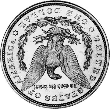 Reverse side of a U.S. quarter dollar coin showing a heraldic eagle.
