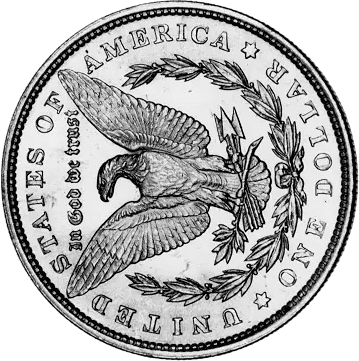 The reverse of a silver dollar featuring an eagle and wreath.