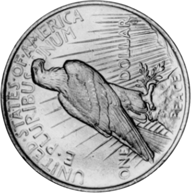 A silver coin featuring a muscular bird flexing its arm.