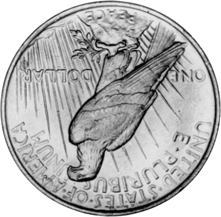 A detailed coin featuring a bird in flight against a radiating background.