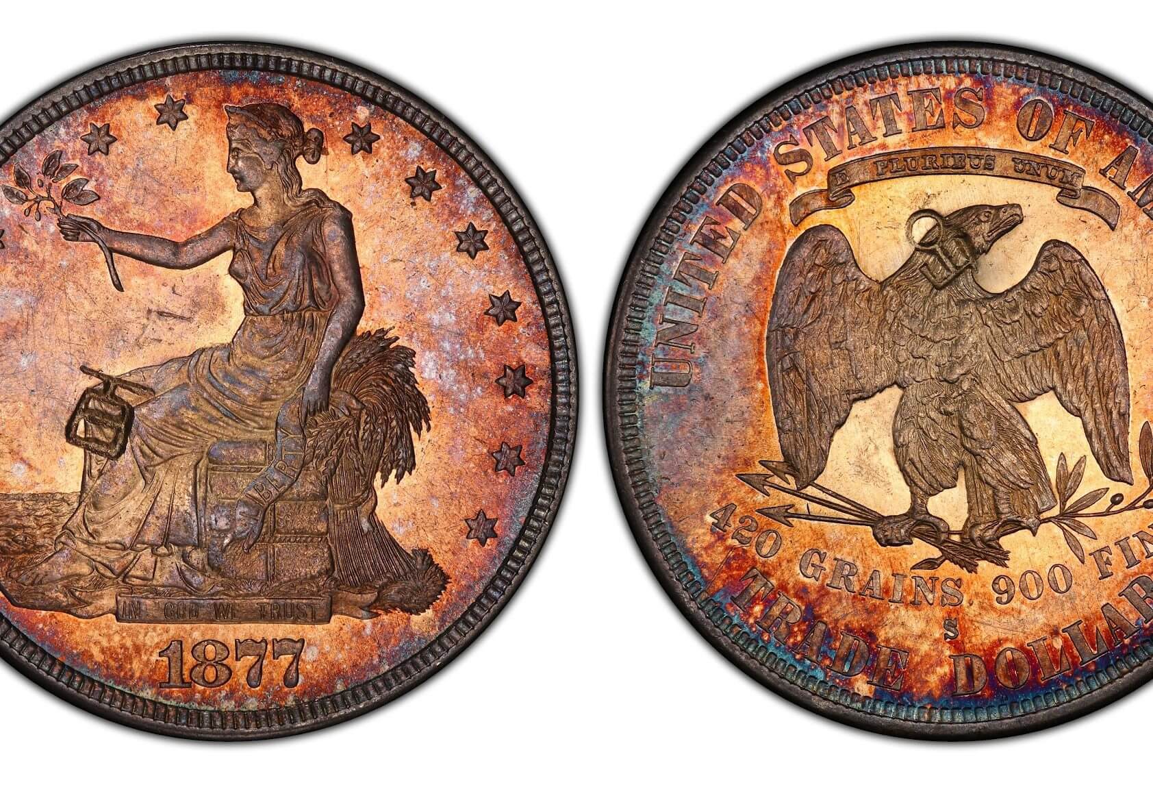 Obverse and reverse of an 1877 Seated Liberty quarter with vibrant toning.