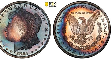 Two sides of a colorful Morgan silver dollar coin with intricate details.