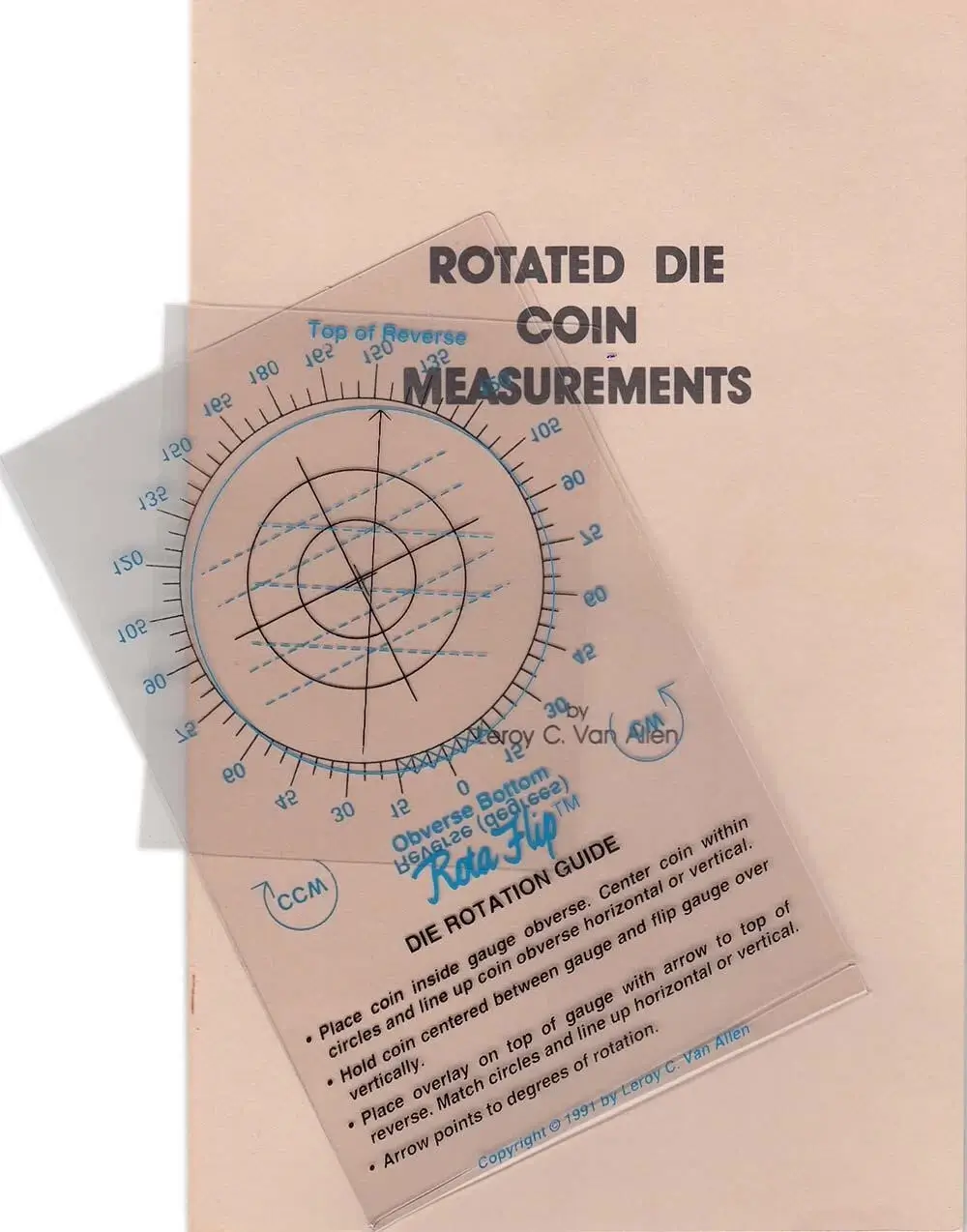 A transparent tool for measuring rotated die coins.
