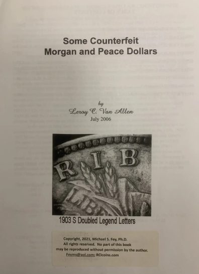 Black and white image showing counterfeit Morgan and Peace dollars.